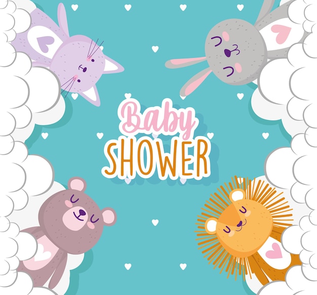 Vector baby shower, animales lindos con ilustración de vector de celebración de nubes