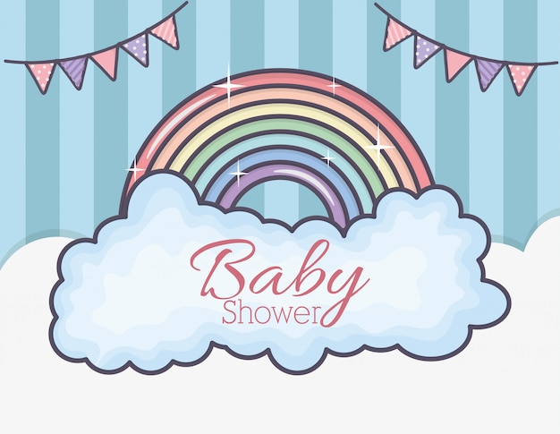 Baby shower arco iris nubes bunting rayas fondo