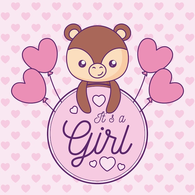 Vector baby shower card es una niña con lindo oso