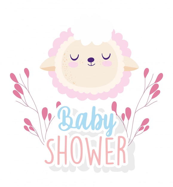 Baby shower, caricatura de decoración floral con cara de oveja linda, tarjeta de invitación temática