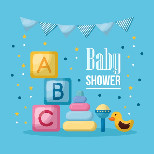 baby shower celebración banderines cubos letras pato