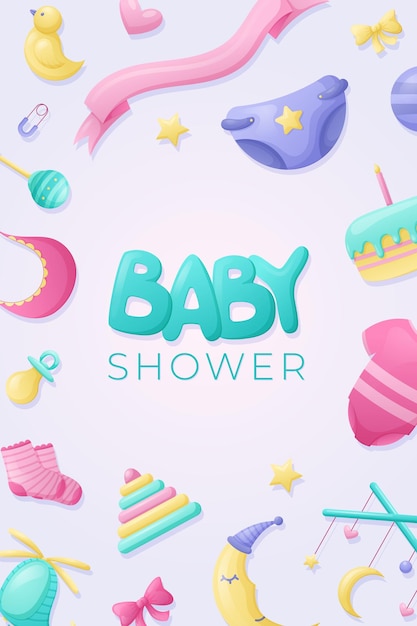 Baby shower de dibujos animados Fondo vectorial o pancarta con un marco de juguetes y accesorios para niños