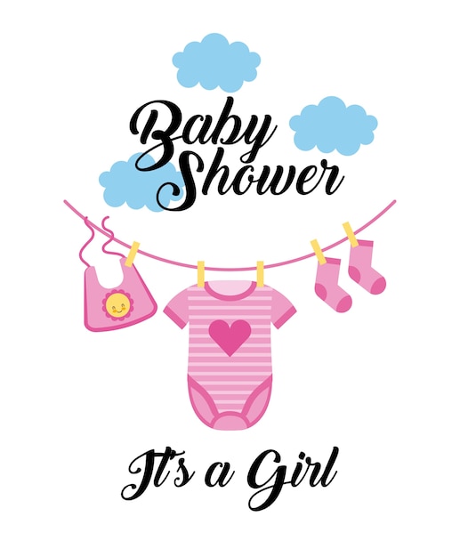 Vector baby shower es una ropa de niña colgando de la nube