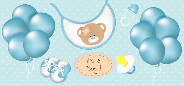 Baby shower es una tarjeta de invitación de banner de niño con zapatos de chupete de globos y babero en la ilustración de vector de fondo azul