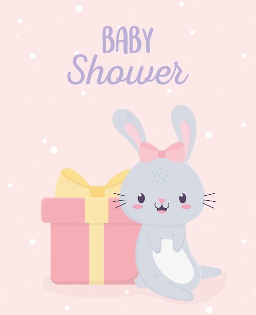 Vector baby shower lindo conejito y caja de regalo tarjeta de felicitación
