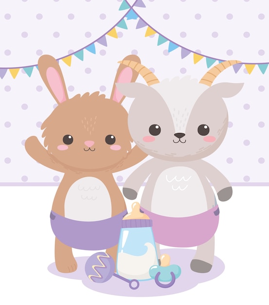 Baby shower, lindo conejo de cabra con chupete sonajero y botella de leche, celebración bienvenido recién nacido