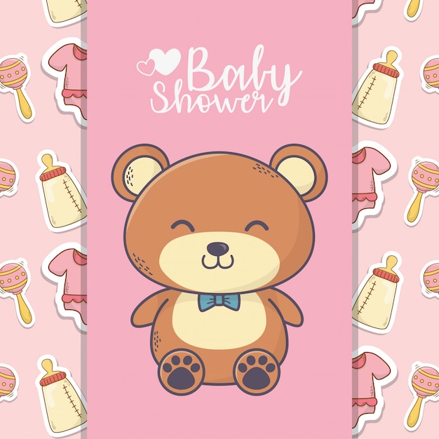 Vector baby shower lindo oso de peluche juguete botella sonajero fondo banner