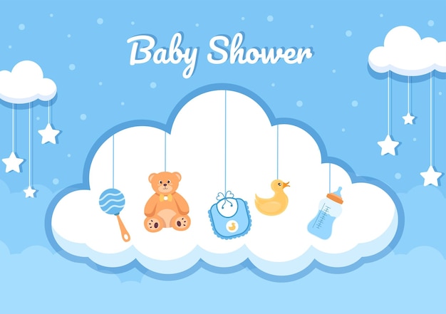 Baby Shower Little Boy o Girl con lindo diseño Juguetes y accesorios Bebés recién nacidos Ilustración de fondo para invitaciones y tarjetas de felicitación