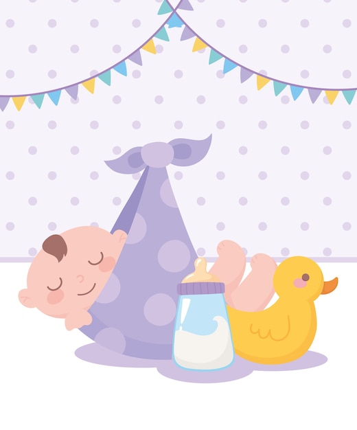 Baby shower, niño en manta con pato y botella de leche, celebración bienvenido recién nacido