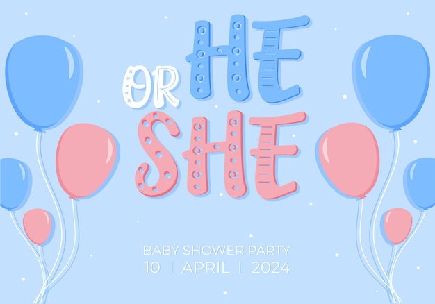 Baby Shower o tarjeta de invitación de fiesta de género fiesta de género conejo lindo y globos vector ilustrado