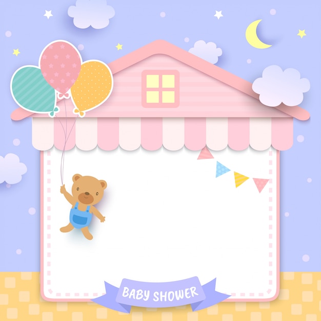 Baby shower con oso sosteniendo globos y marco de casa.