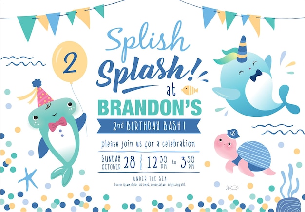 Baby shower bajo el tema del mar tarjeta de invitación con lindo personaje de dibujos animados de vida marina
