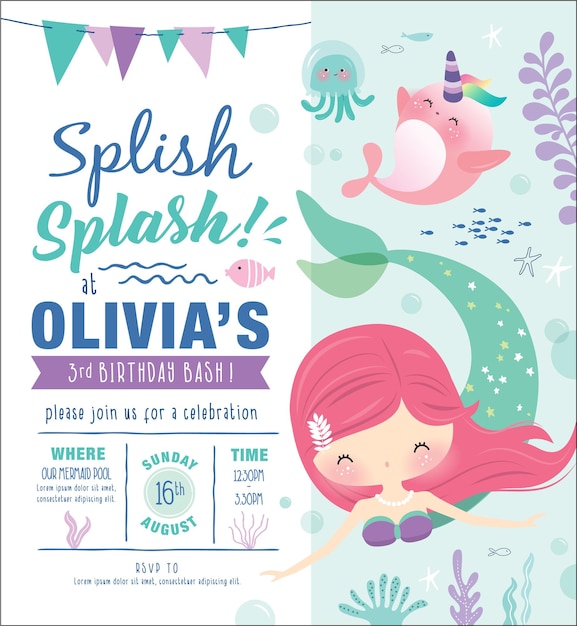 Baby shower bajo el tema del mar tarjeta de invitación con lindo personaje de dibujos animados de vida marina