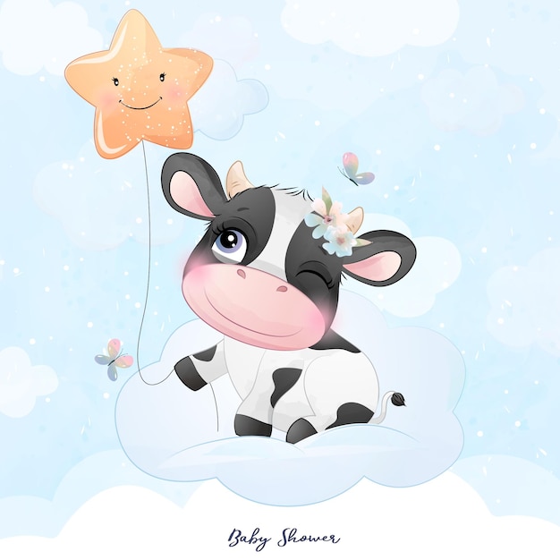 Baby shower de vaca lindo doodle con ilustración acuarela