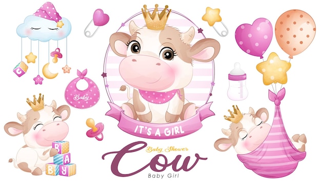 Baby shower de vaca lindo doodle con ilustración acuarela