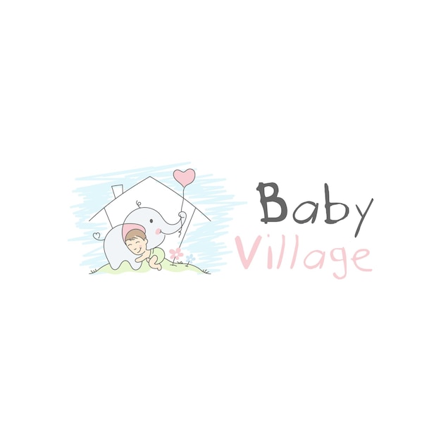 Baby Village Logo un dibujo de un niño abrazando a un elefante en colores claros Arte de ilustración