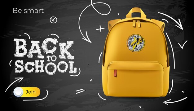 Back to school banner mochila amarilla y letras de tiza ilustración vectorial