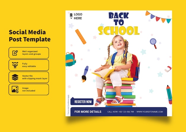 Back to School Banner con póster y volante de Happy Baby Face para la plantilla de publicaciones en las redes sociales