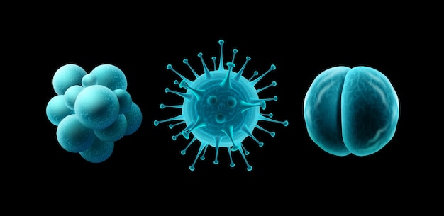 Vector bacterias cocos azules y células de virus cerca aisladas sobre fondo negro