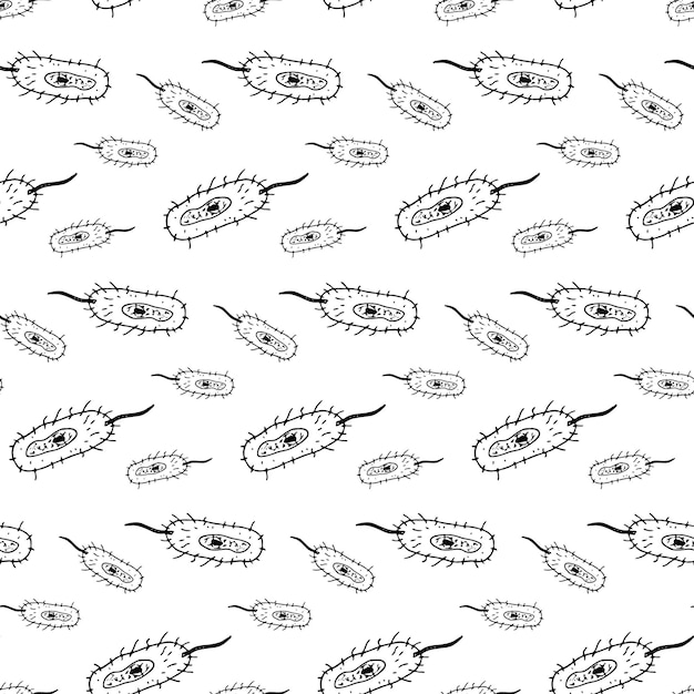 Bacterias dibujadas a mano de patrones sin fisuras. Doodle dibujo negro. Símbolo de signo. Elemento de decoración. Aislado sobre fondo blanco. Diseño plano. Ilustración vectorial.