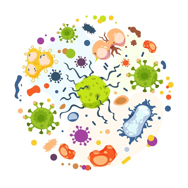 Vector bacterias de dibujos animados. infección por virus, gérmenes de la gripe y microorganismos en círculo, células cancerosas y bacterias de enfermedades epidémicas. vector conjunto de células de bacterias de ilustración aislada sobre fondo blanco