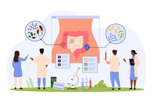 Vector bacterias malas y buenas en los intestinos humanos personas pequeñas comprueban el sistema gastrointestinal