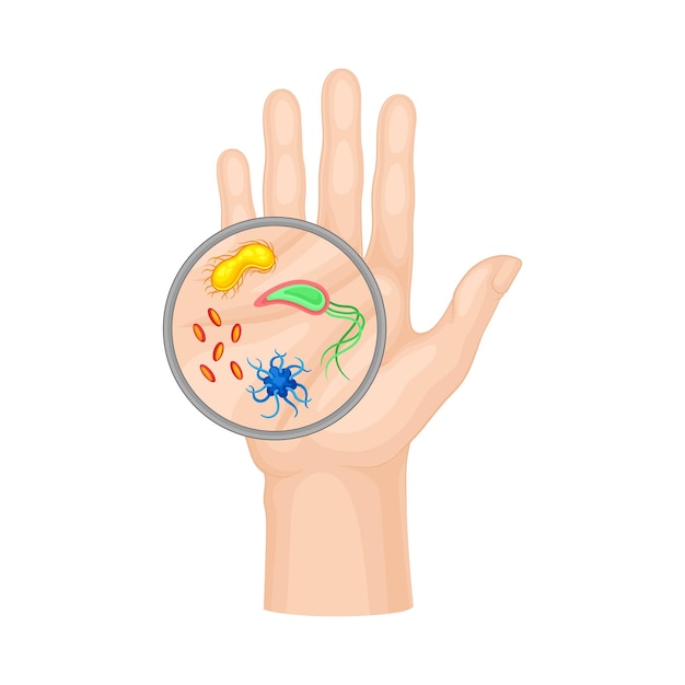 Bacterias y microbios examinados bajo lupa en ilustración vectorial a mano