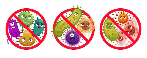 Bacterias en señal de prohibición. comic tachado microbios y virus, protección bacteriana y desinfección icono de precaución conjunto de ilustraciones de dibujos animados.