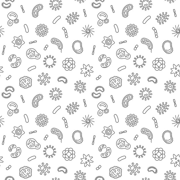 Bacterias vector simple patrón sin costuras en estilo de línea fina