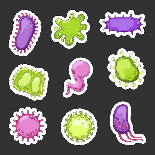 Vector bacterias y virus sticker bookmark microorganismos y gérmenes tipos de bacterias.