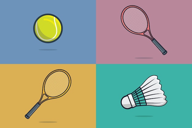 Bádminton, pelota de tenis con ilustración de vector de raqueta. Concepto de icono de elemento de objetos deportivos.