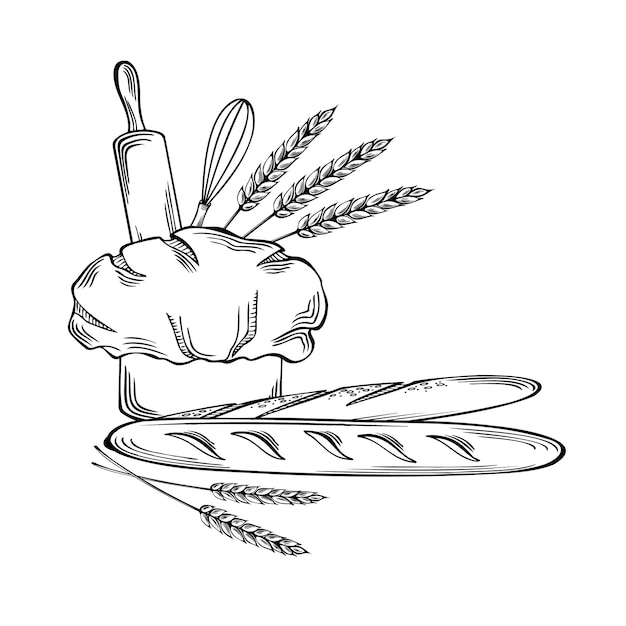 Baguettes con herramientas de horneado de sombrero de chefs y orejas de trigo Pan francés Ilustración gráfica vectorial