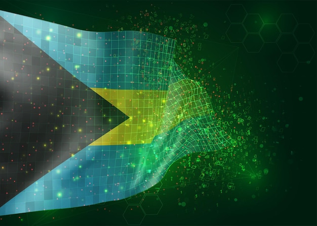 Bahamas, en vector bandera 3d sobre fondo verde con polígonos y números de datos