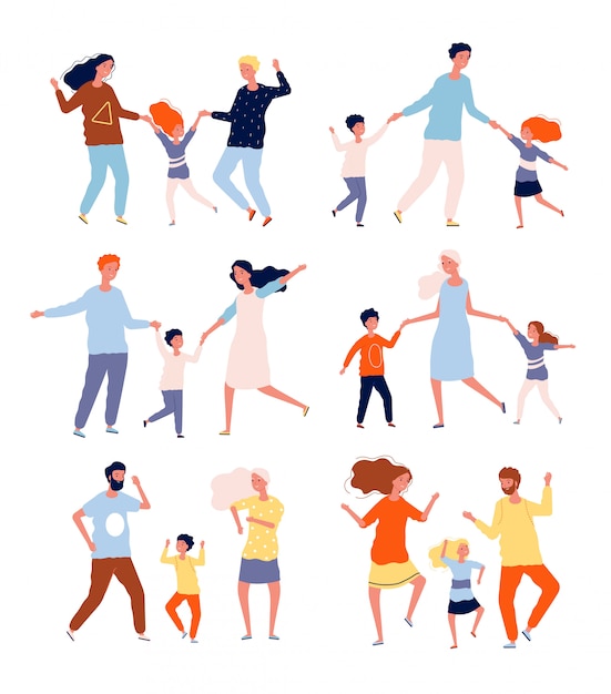 Bailando familia. Niños jugando y bailando con padres madre padre hijos bailarines colección de personajes