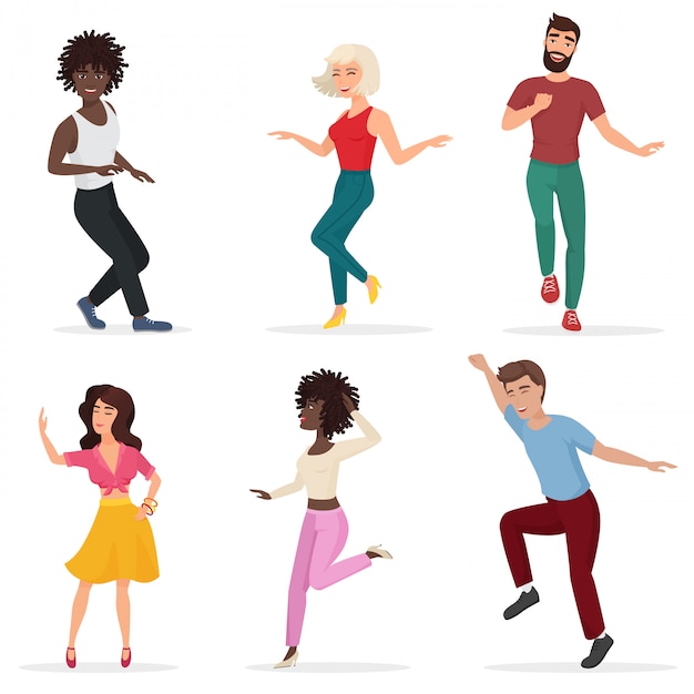 Vector bailando gente joven. felices los hombres y mujeres multiétnicos se mueven al ritmo de la música vector de dibujos animados ilustración plana.