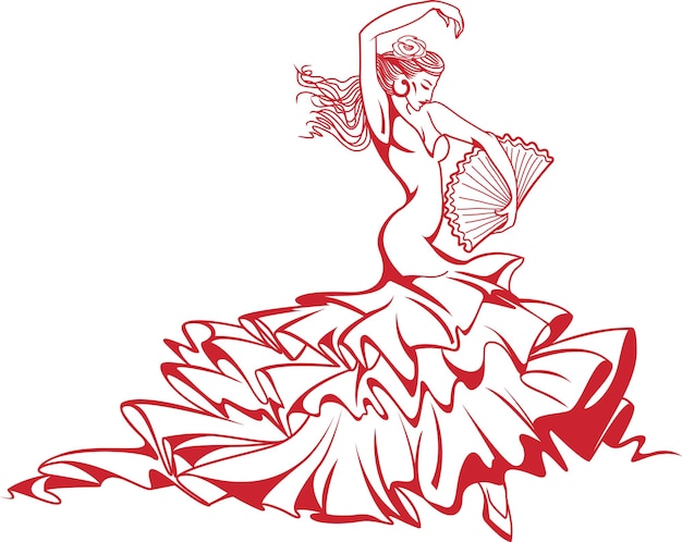 Vector bailaora de flamenco española hermosa joven en vestido largo con ventilador
