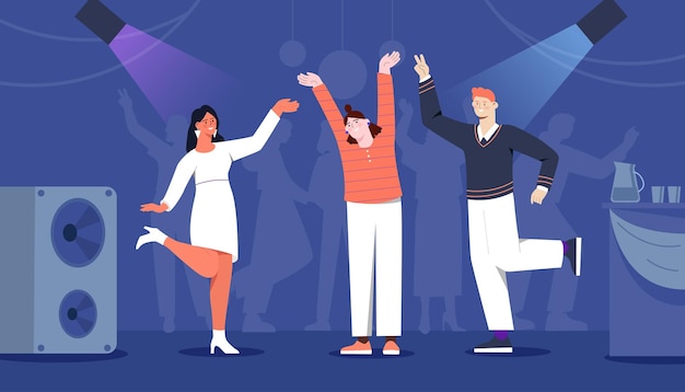Bailar en el concepto del club Gente en la escena con altavoces Evento de vacaciones o festival Hombre y mujer en el club nocturno Entretenimiento diversión y ocio Ilustración de vector plano de dibujos animados