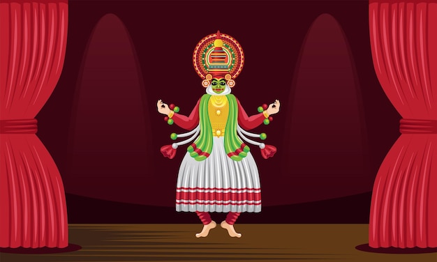 Vector bailarín tradicional de kathakali realizando danza en el escenario danza clásica de la india vector