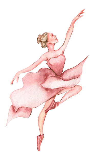 Bailarina bailarina acuarela con vestido rosa. Bailarina de baile aislada. Ballet clásico dibujado a mano