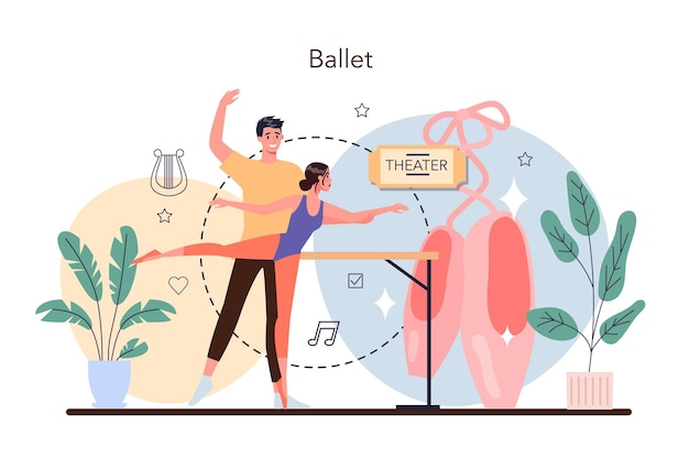 Bailarina de ballet ensayando en zapatos de punta Coreógrafo en un estudio de danza Danza de ballet clásico Ilustración vectorial