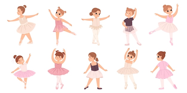 Bailarina de ballet Niñas pequeñas bailando en falda tutu dibujos animados aislados personajes pequeños y lindos Lección de baile clásico en clase hobby colección vectorial acogedora