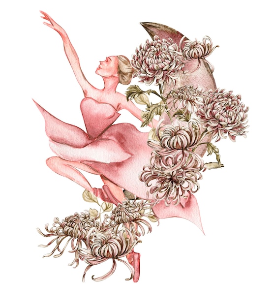 Bailarina bonita rosa acuarela bailando con flores y luna. Ilustración dibujada a mano con acuarela.