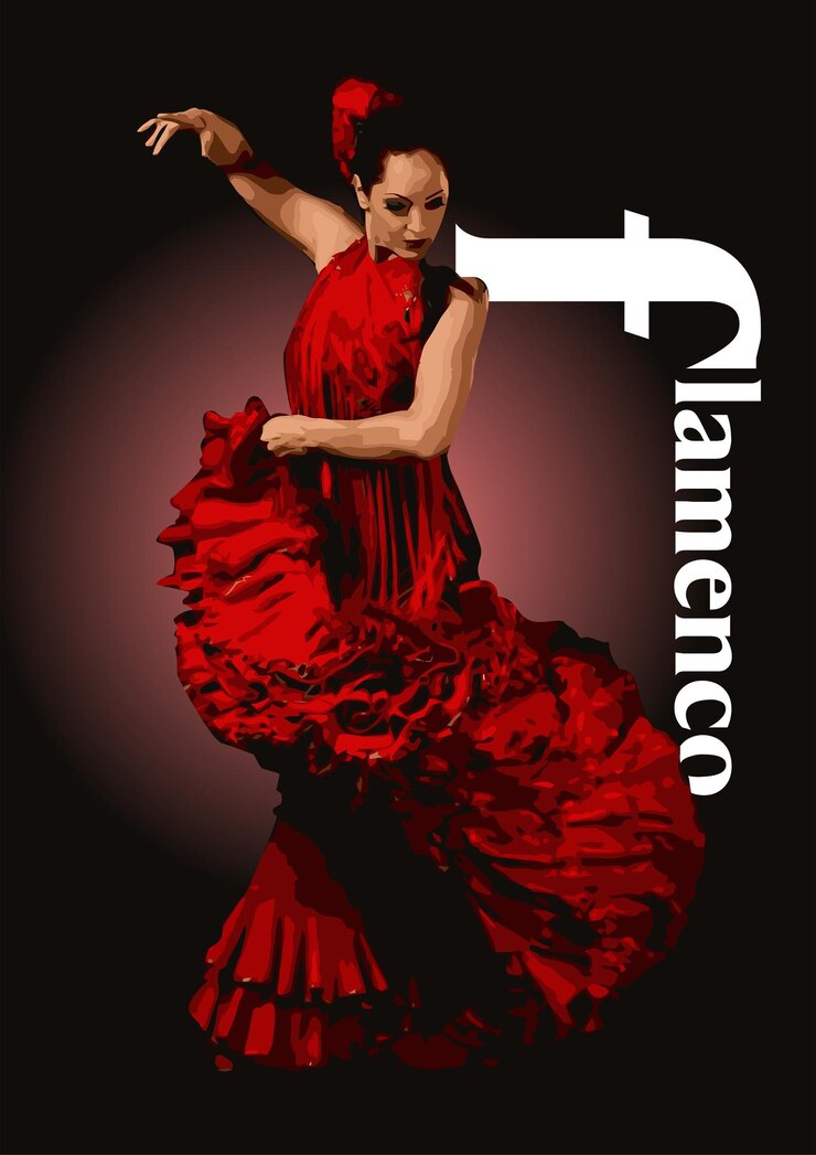 Vector bailarina de flamenco realizando una danza tradicional española con un vestido rojo