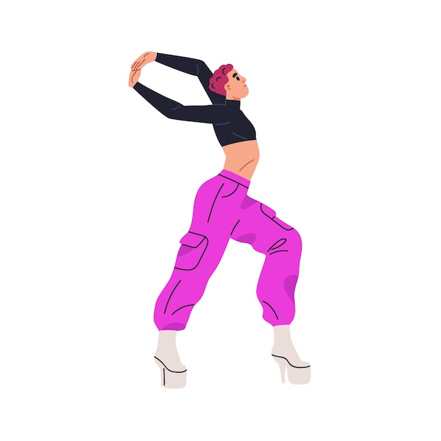 Vector bailarina de moda bailando en estilo vogue contemporáneo hombre moderno atrevido en botas de tacón durante el movimiento del brazo de la actuación de la mano ilustración vectorial gráfica plana aislada sobre fondo blanco