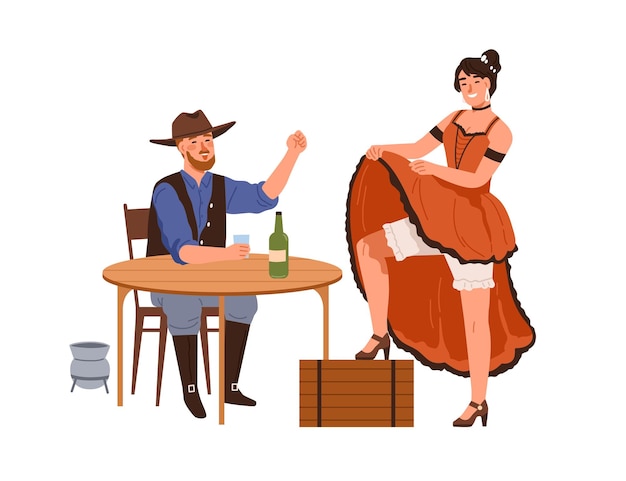 Bailarina occidental vestida bailando para un feliz vaquero borracho en el bar. Hombre con sombrero bebiendo alcohol en la mesa de la taberna. Gente del lejano oeste en el pub. Ilustración de vector plano aislado sobre fondo blanco.