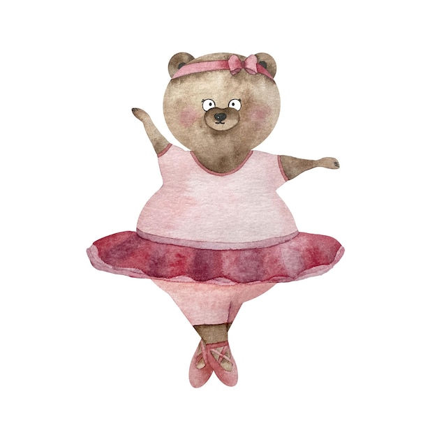 Bailarina de oso acuarela en ropa de ballet rosa.