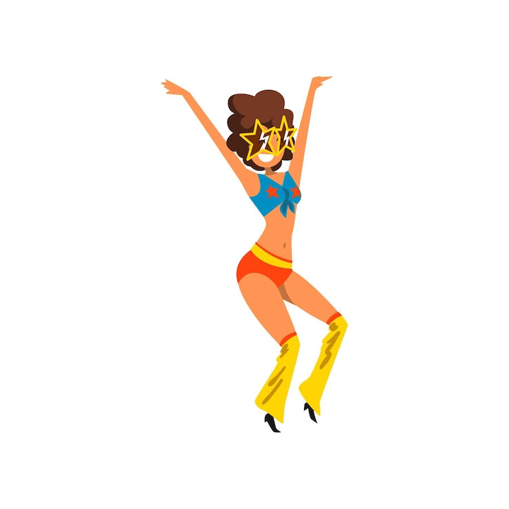 Vector bailarina de personaje de niña bailando cuerpo móvil en mujer de fiesta de música en ropa de estilo de los años 80 bailando discoteca vector ilustración