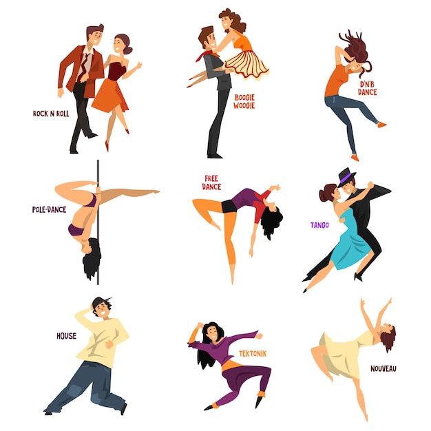 Vector bailarina profesional bailando, joven y mujer realizando bailes modernos y clásicos ilustraciones