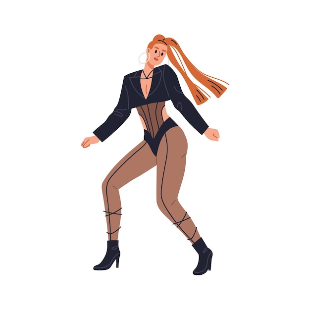 Vector bailarina sexy en postura de baile niña de moda moderna belleza en movimiento en estilo de moda artista contemporáneo erótico moviéndose a la música disco ilustración vectorial plana aislada en fondo blanco