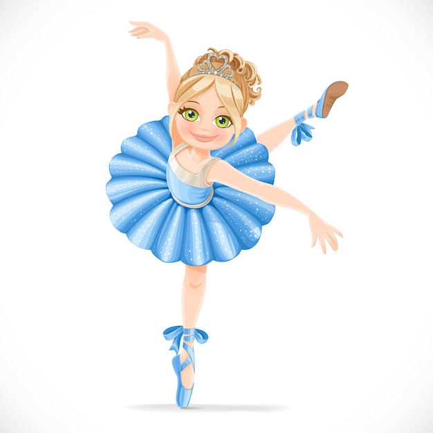 Bailarina con vestido azul bailando en una pierna aislada en un fondo blanco